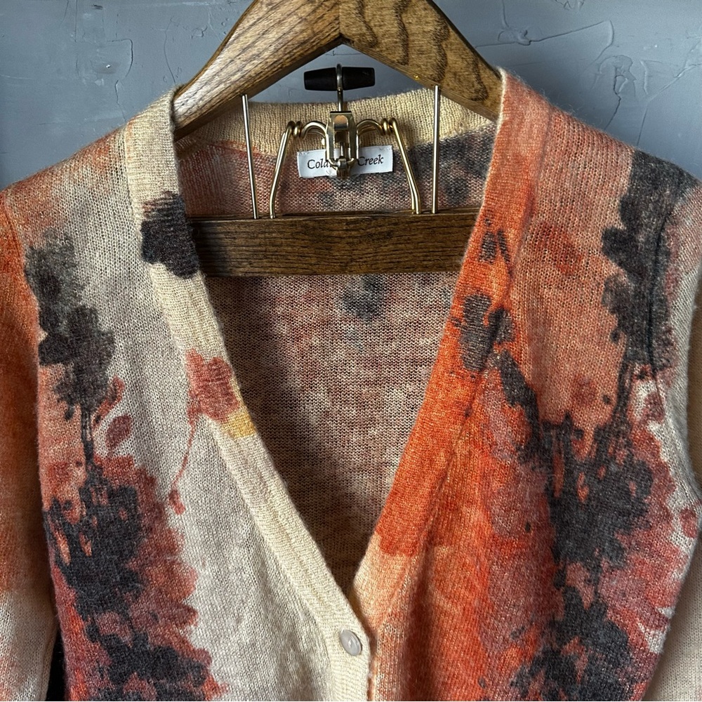 Coldwater Creek Wool/Mohair Blend One Button Painted Floral Cardigan Size L - Picture 3 of 14